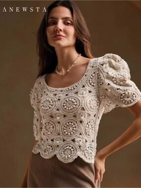 Anewsta Pearl Embellished Crochet Puff Sleeve Blouse Ivory NWT Size M